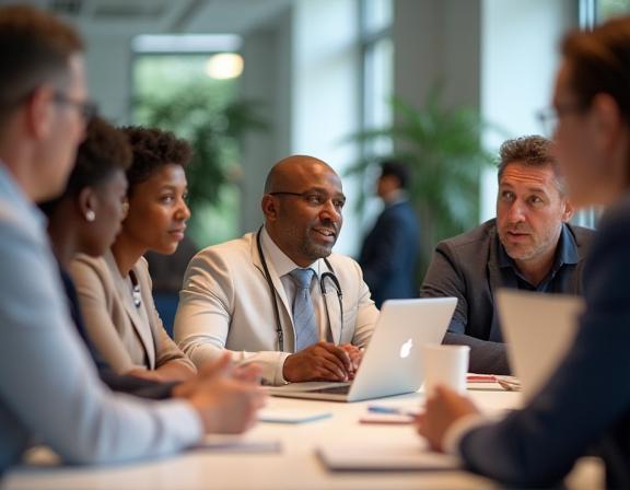 Diverse group of professionals collaborating during a HotelLink Italia training session